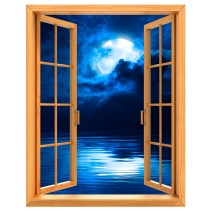 Ventana 3d luna llena sobre el mar